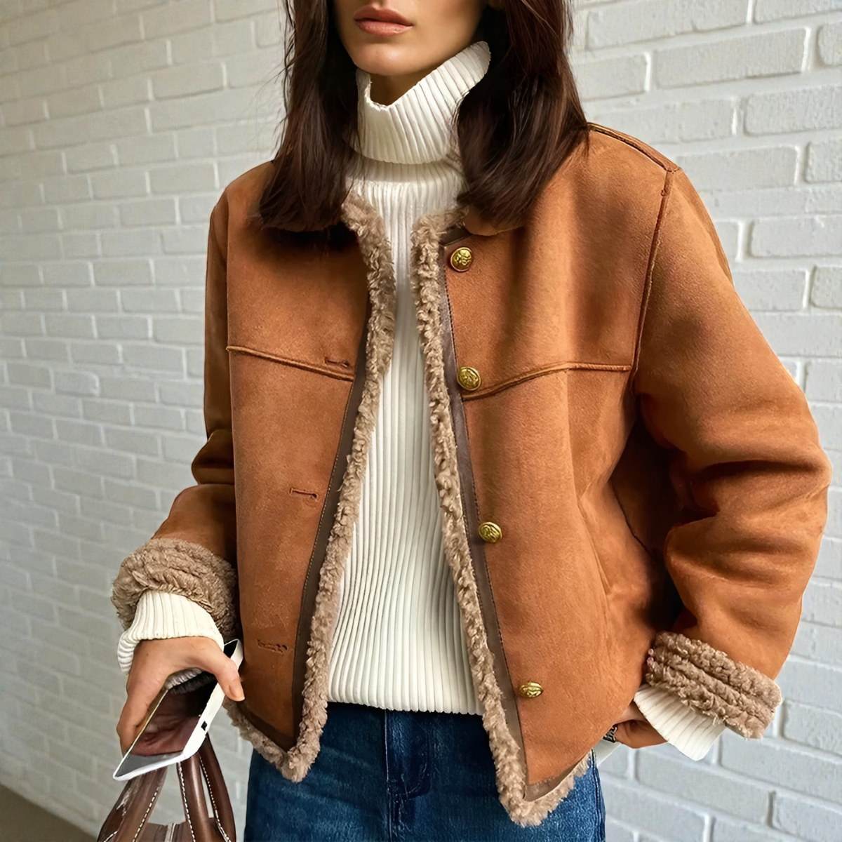 Premium vinterjakke til kvinder foret med fleece – Tykk brun frakke med rund hals