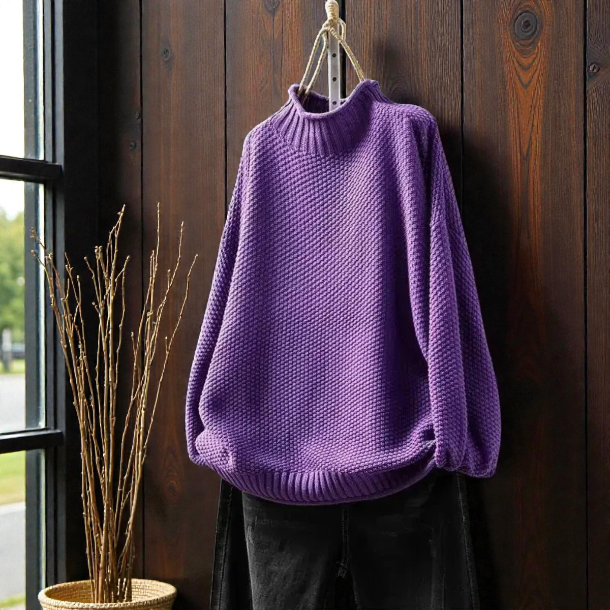 Elegante maglione a collo alto a coste da donna – Maglia spessa con maniche lunghe