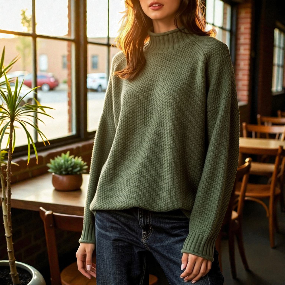 Elegante maglione a collo alto a coste da donna – Maglia spessa con maniche lunghe