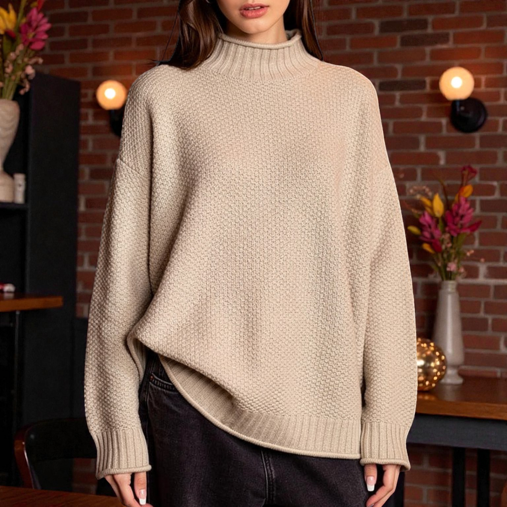 Elegante maglione a collo alto a coste da donna – Maglia spessa con maniche lunghe