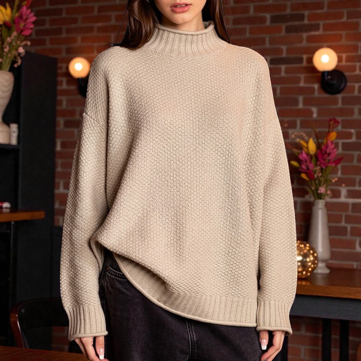 Elegante maglione a collo alto a coste da donna – Maglia spessa con maniche lunghe