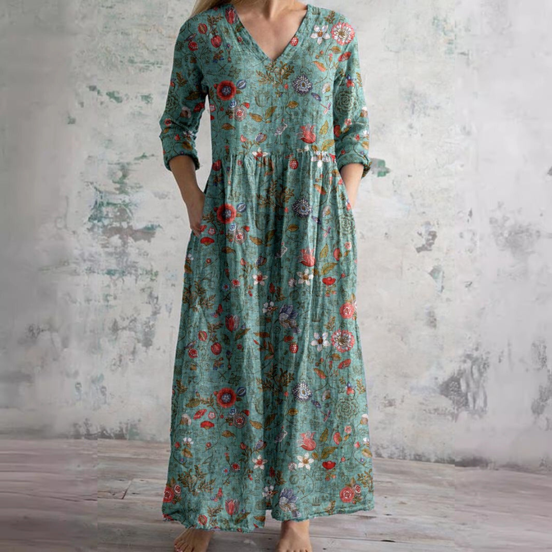 Abito lungo estivo da donna con scollo a V floreale - Abito lungo in stile boho