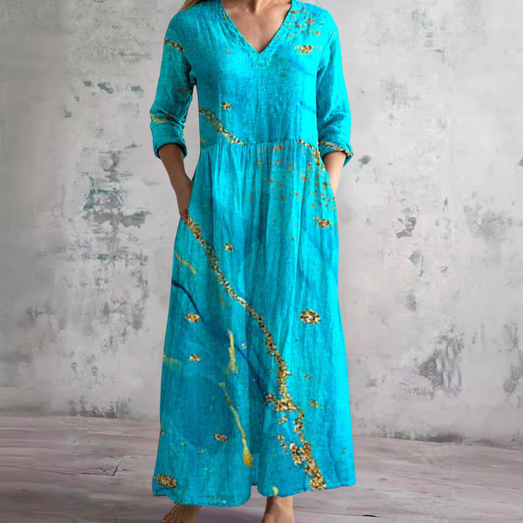 Lang sommerkjole til kvinder med V-udskæring og blomsterprint - Lang kjole i boho-stil