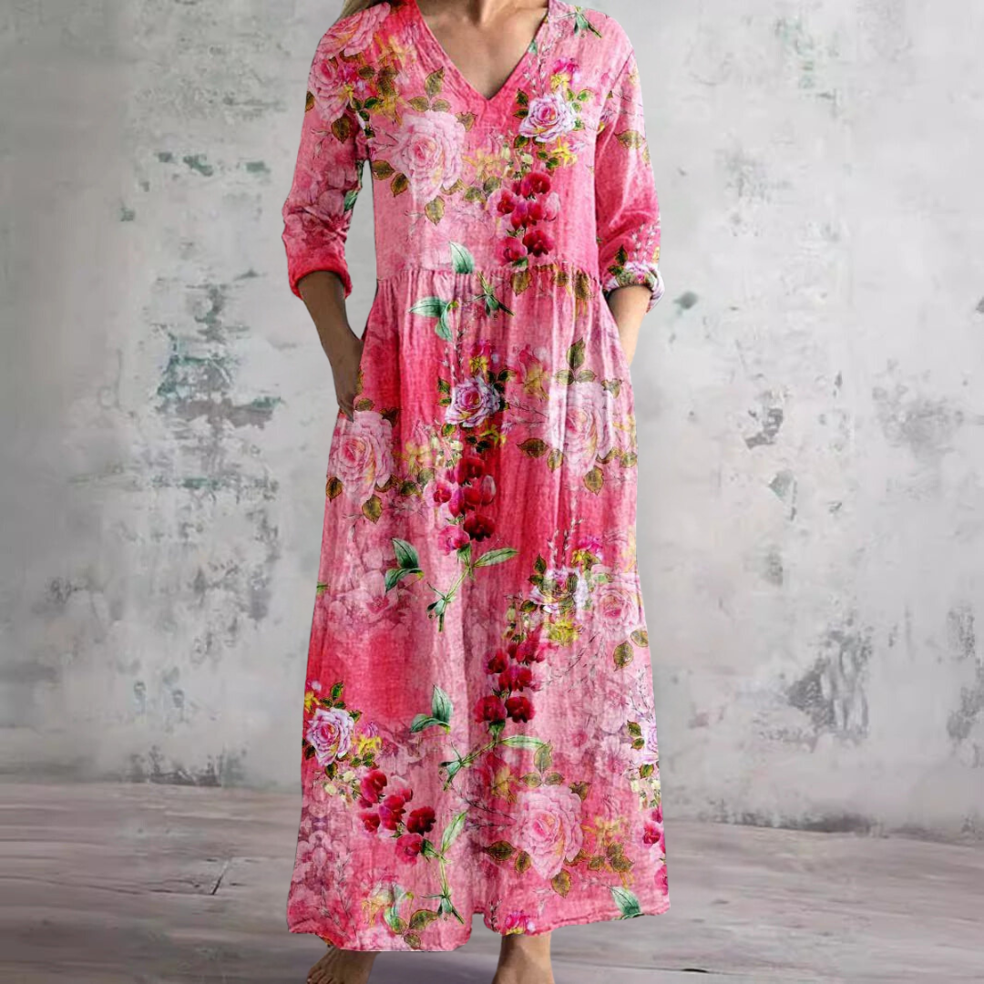 Abito lungo estivo da donna con scollo a V floreale - Abito lungo in stile boho