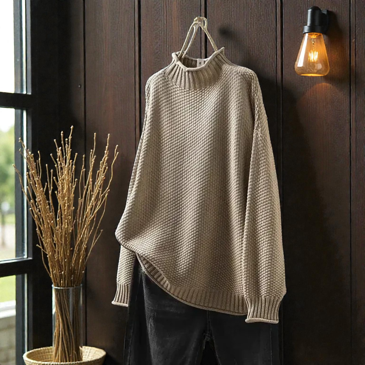 Elegante maglione a collo alto a coste da donna – Maglia spessa con maniche lunghe