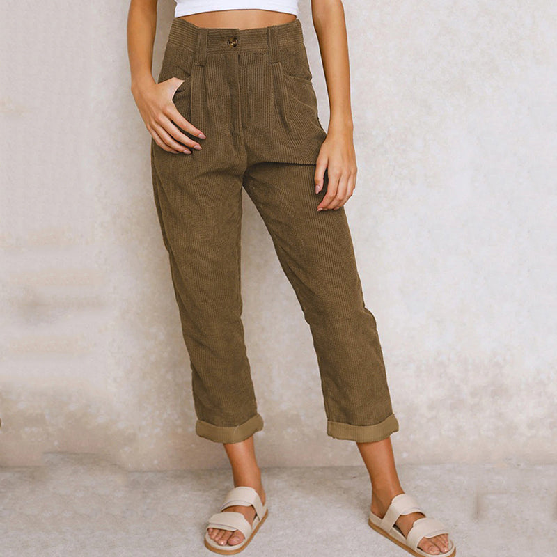 Pantaloni da donna alla moda a coste e vita alta - Comodi