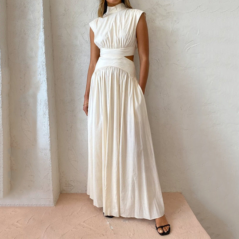 Donna Collo Alto  Plissettata Abito Maxi – Sofisticato, Classico, Elegante