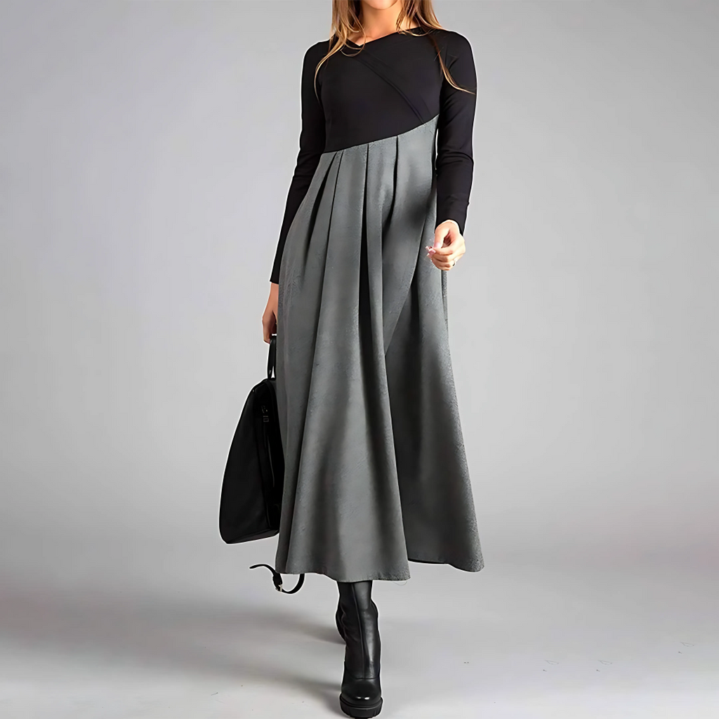 Abito lungo elegante plissettato da donna - Elegante abito a maniche lunghe