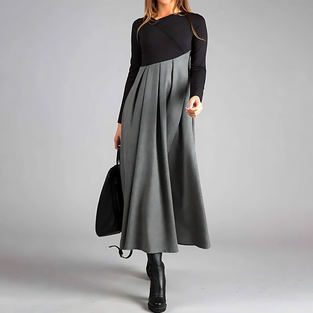 Abito lungo elegante plissettato da donna - Elegante abito a maniche lunghe