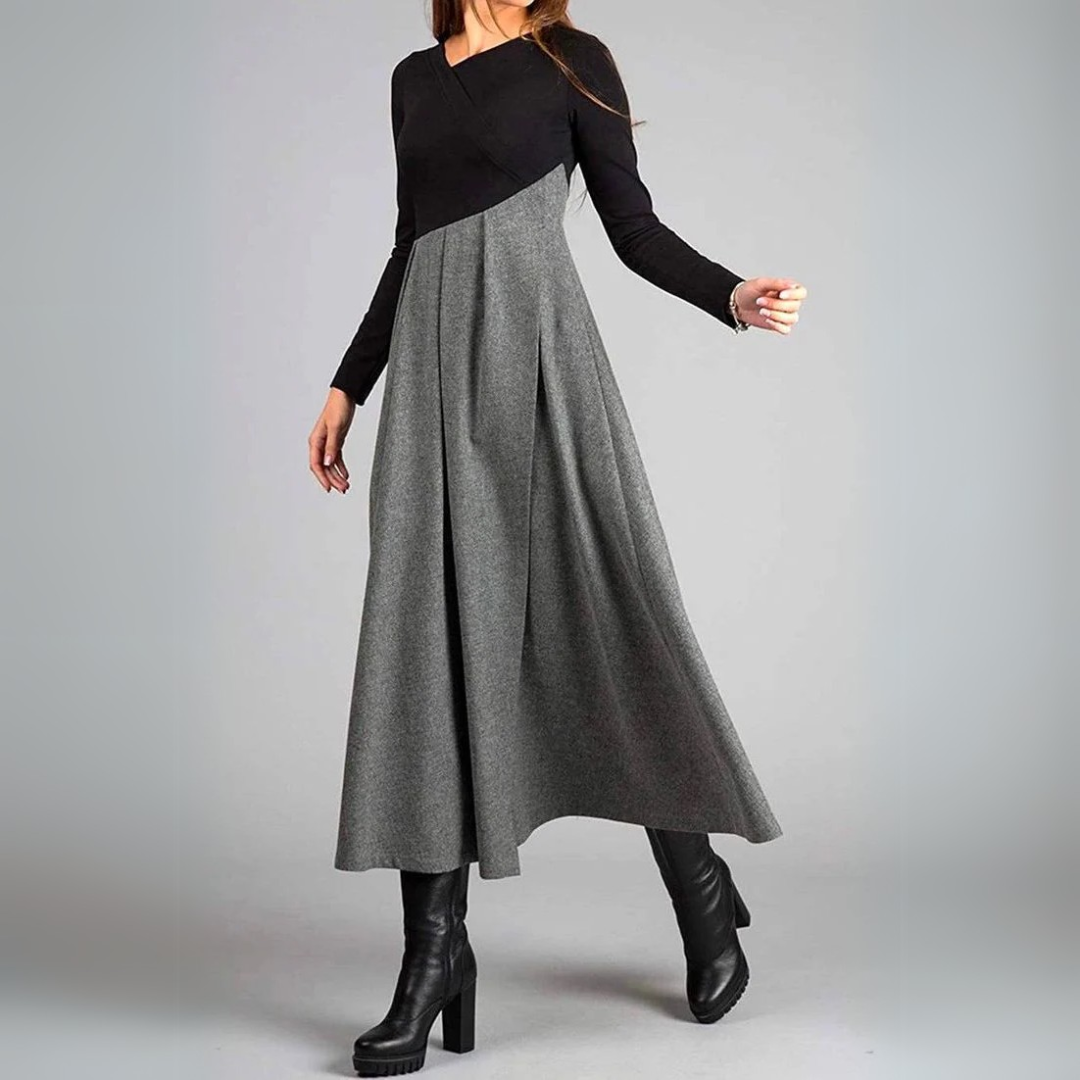 Abito lungo elegante plissettato da donna - Elegante abito a maniche lunghe