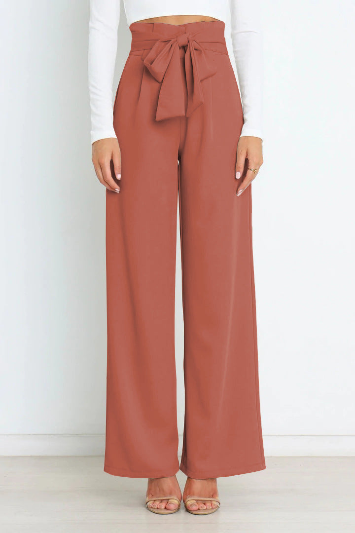 Pantaloni larghi a vita alta da donna con cintura a nastro