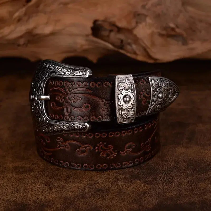 Cintura in pelle da uomo in stile western - Fibbia incisa, classico stile cowboy