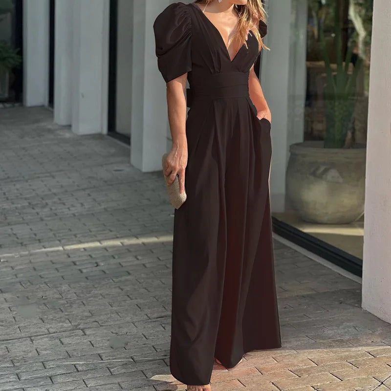 Donna Tuta Elegante Scollo V Maniche a Palloncino – Audace, Femminile, Raffinata