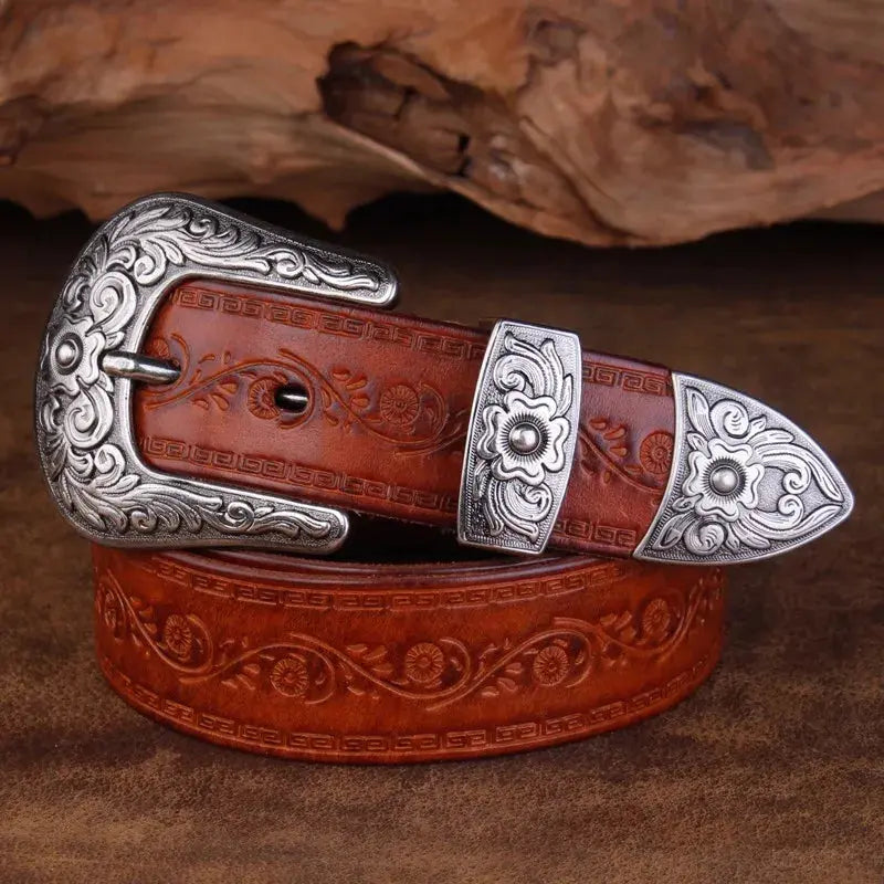 Cintura in pelle da uomo in stile western - Fibbia incisa, classico stile cowboy