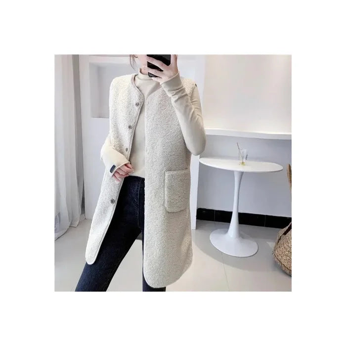 Elegant lang vest i uldblanding til kvinder – Minimalistisk og varm ærmeløs jakke