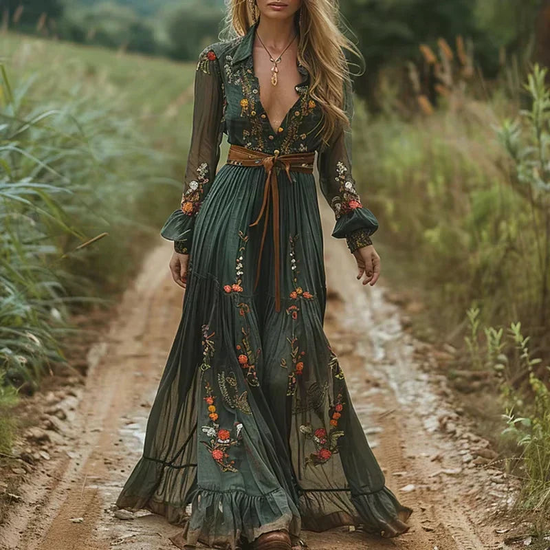 Abito lungo da donna – Stampa floreale bohémien – Taglio fluido – Maniche lunghe – Gonna arricciata