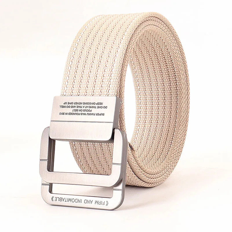 Cintura unisex in tela con fibbia a doppio anello in metallo - Cintura casual a righe