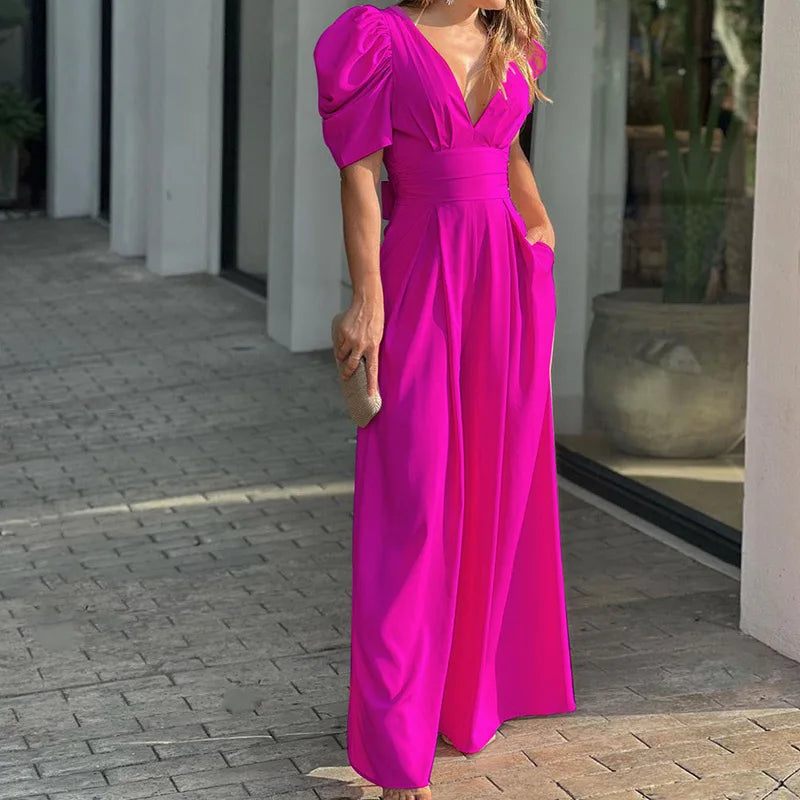 Donna Tuta Elegante Scollo V Maniche a Palloncino – Audace, Femminile, Raffinata