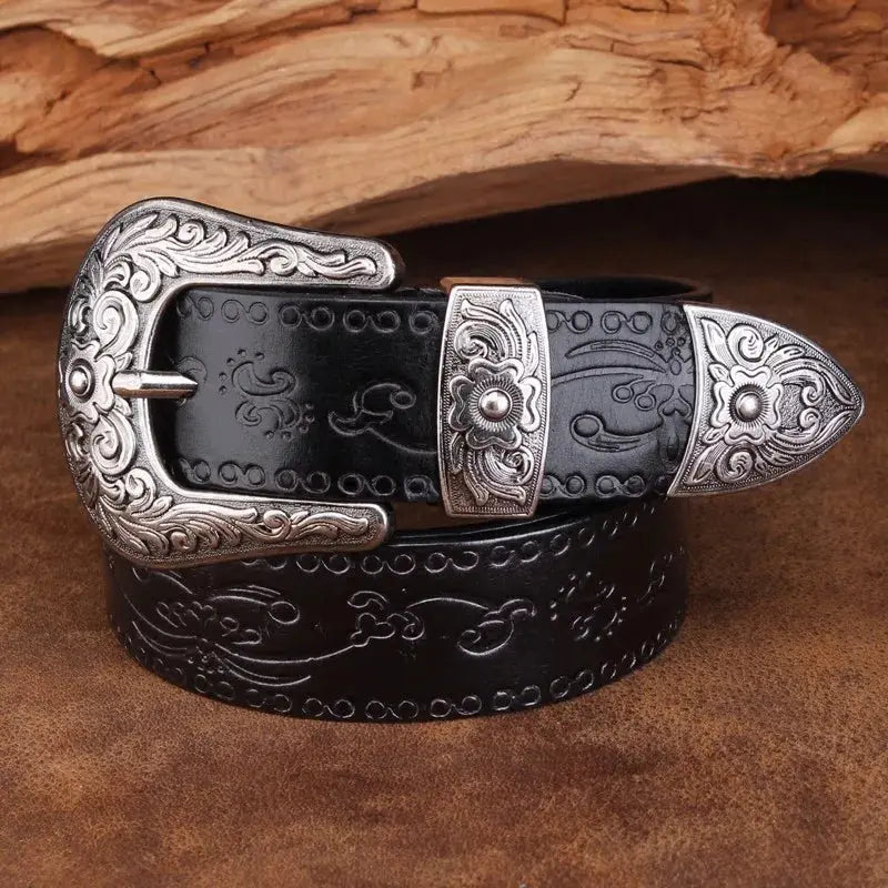 Cintura in pelle da uomo in stile western - Fibbia incisa, classico stile cowboy