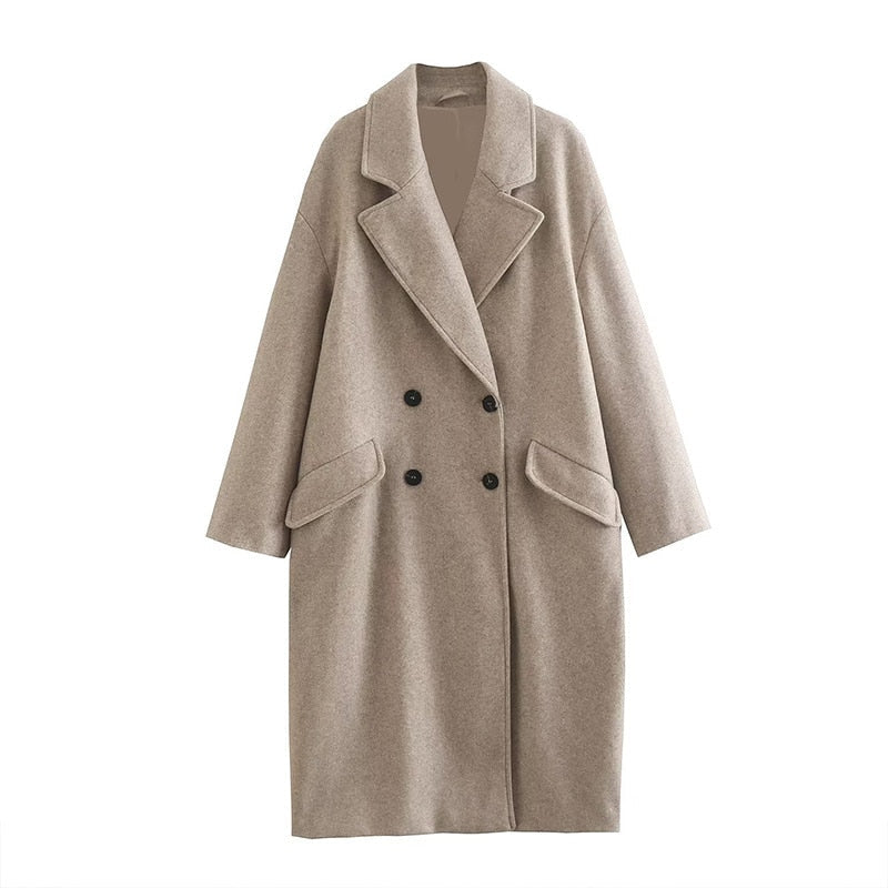 Cappotto lungo in lana premium da donna - Cappotto lungo doppiopetto