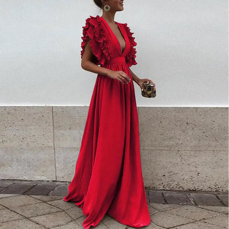 Maxi abito fluido da donna con maniche arricciate