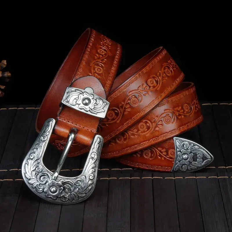 Cintura in pelle da uomo in stile western - Fibbia incisa, classico stile cowboy