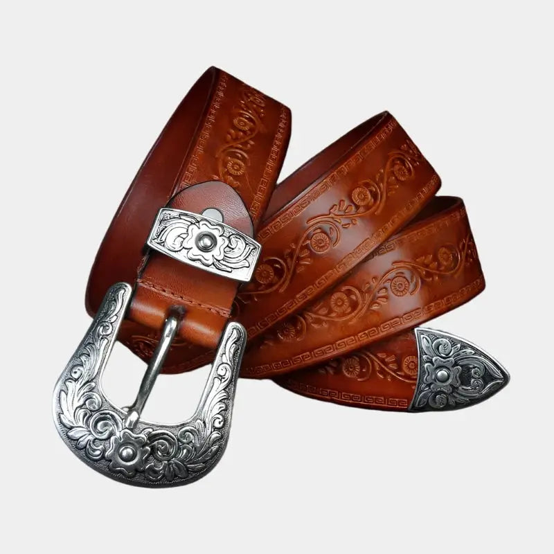 Cintura in pelle da uomo in stile western - Fibbia incisa, classico stile cowboy