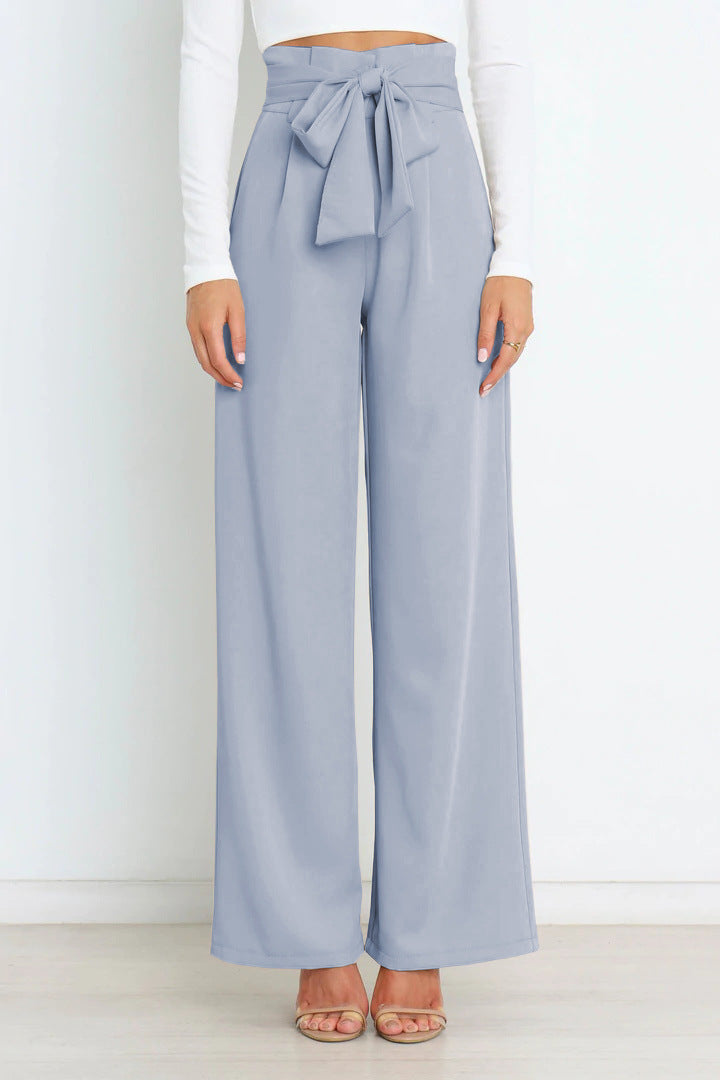Pantaloni larghi a vita alta da donna con cintura a nastro