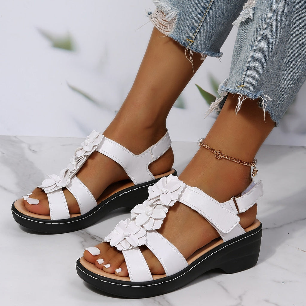 Sandali casual ortopedici da donna comodi, con plateau basso e motivo floreale - Eleganti scarpe estive