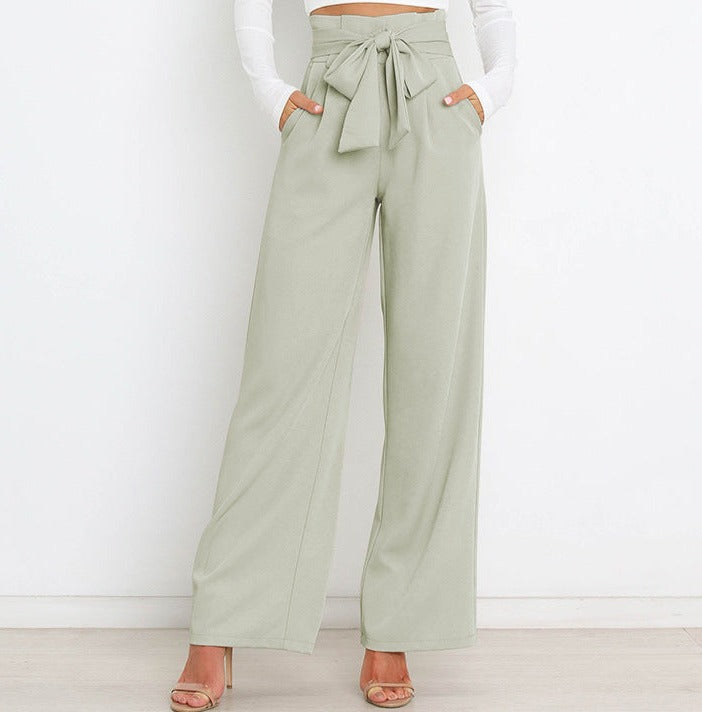 Pantaloni larghi a vita alta da donna con cintura a nastro