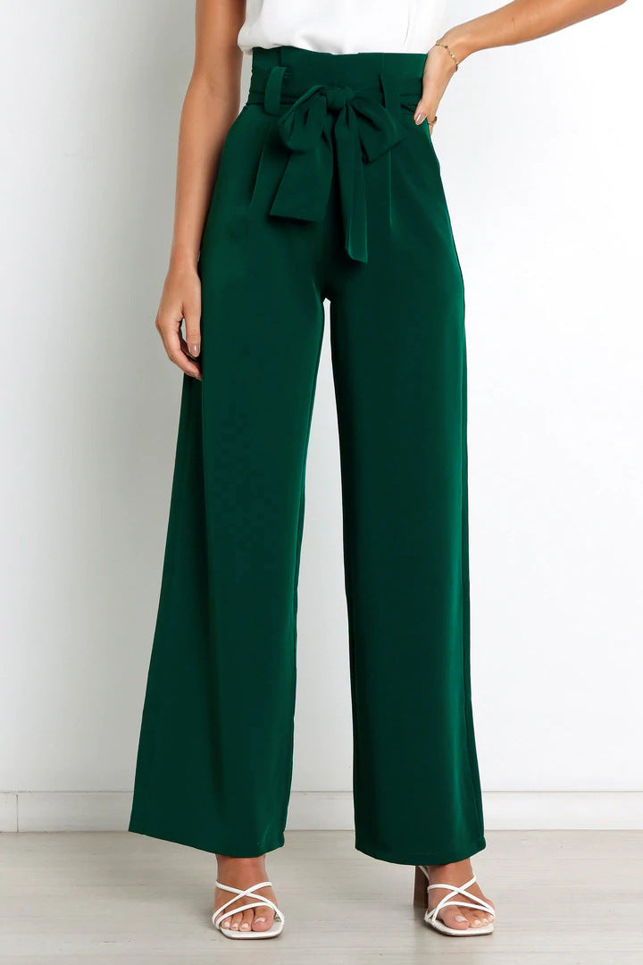 Pantaloni larghi a vita alta da donna con cintura a nastro
