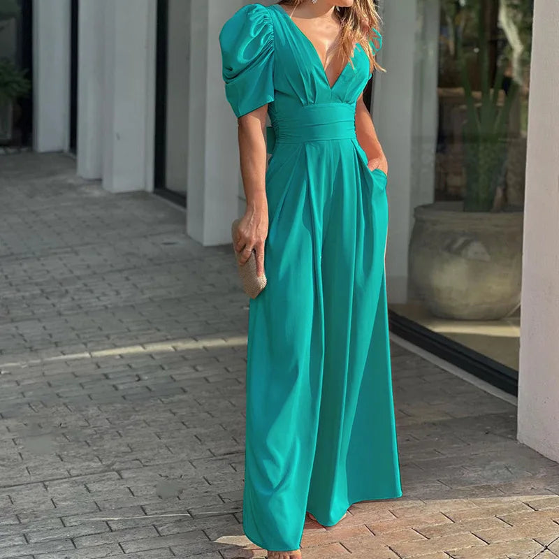 Donna Tuta Elegante Scollo V Maniche a Palloncino – Audace, Femminile, Raffinata