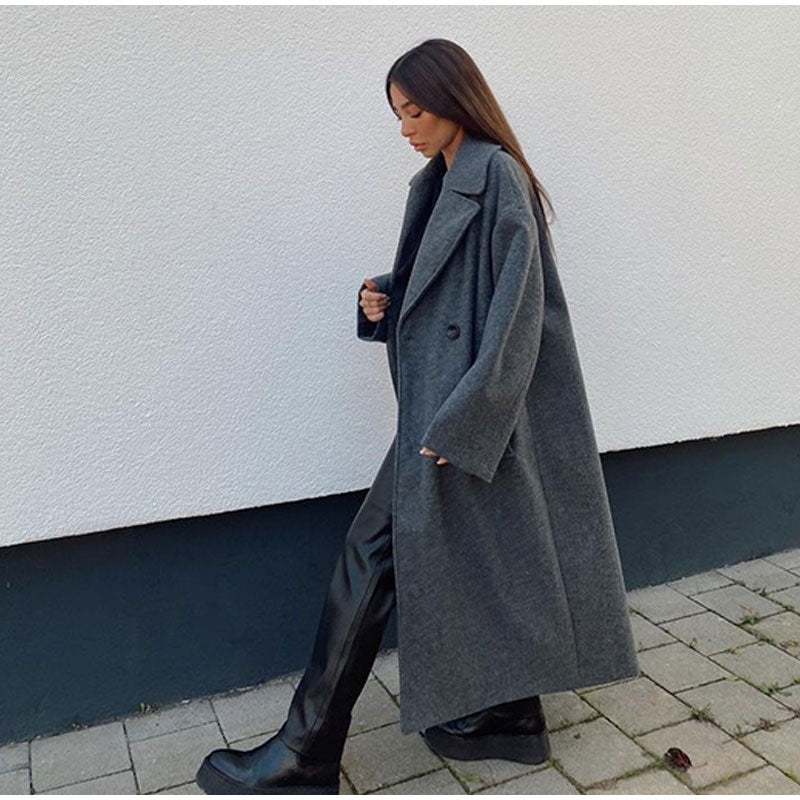 Cappotto lungo in lana premium da donna - Cappotto lungo doppiopetto