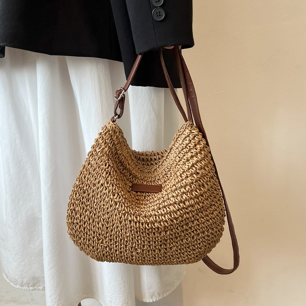 Borsa a Tracolla Estiva in Paglia Fatto a Mano Donna – Borsa Satchel Intrecciata Casual da Spiaggia
