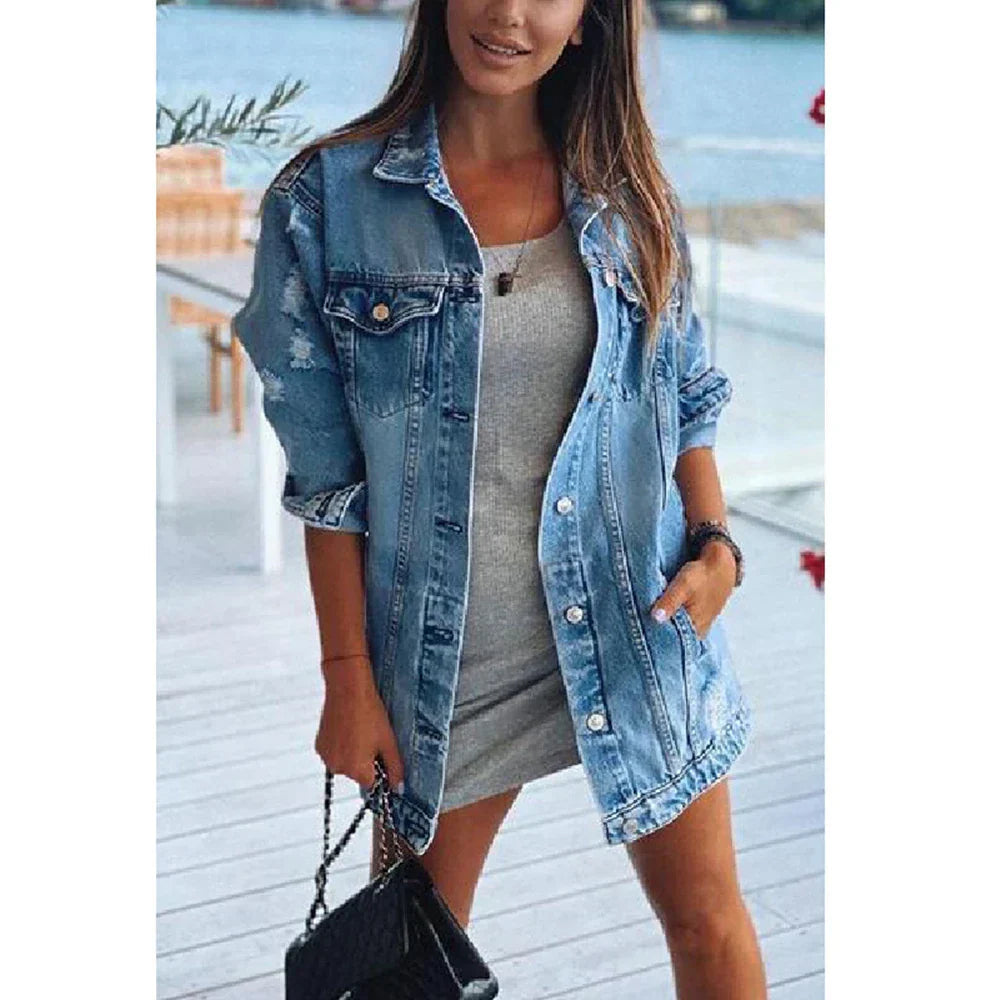Giacca in denim oversize blu elegante da donna – Capispalla casual vintage