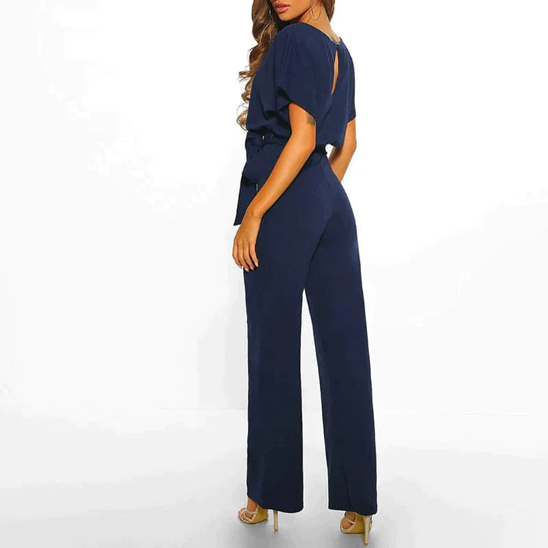 Tuta elegante da donna con cintura, manica corta, gamba larga - Completo intero leggero, elegante e lusinghiero
