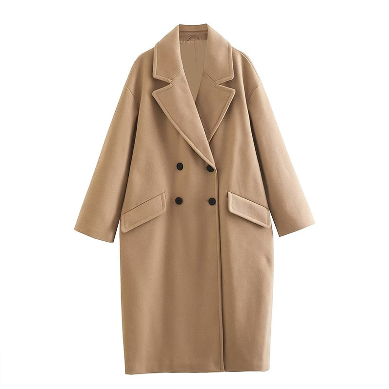Cappotto lungo in lana premium da donna - Cappotto lungo doppiopetto