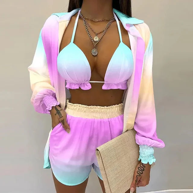 Set da Spiaggia Elegante Premium da Bagno Colorati Donna 3 Pezzi Costumi