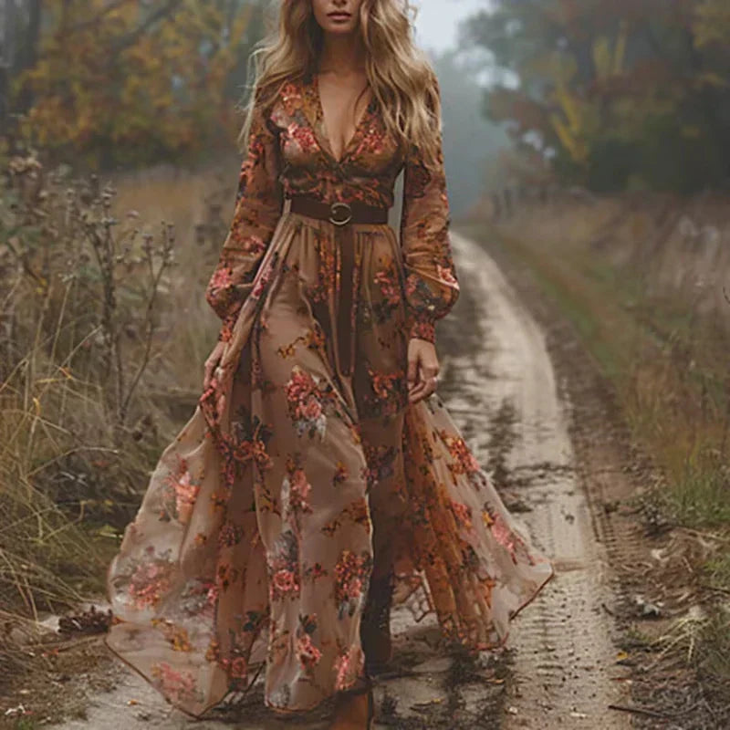Abito lungo da donna – Stampa floreale bohémien – Taglio fluido – Maniche lunghe – Gonna arricciata