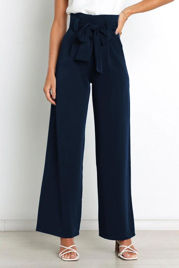 Pantaloni larghi a vita alta da donna con cintura a nastro