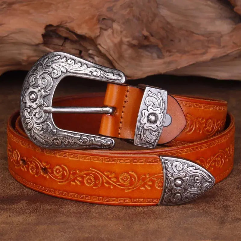 Cintura in pelle da uomo in stile western - Fibbia incisa, classico stile cowboy
