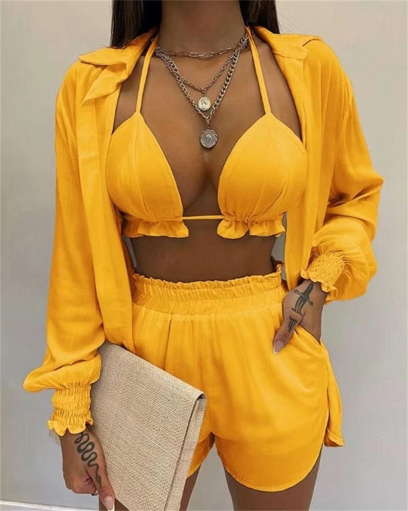 Set da Spiaggia Elegante Premium da Bagno Colorati Donna 3 Pezzi Costumi