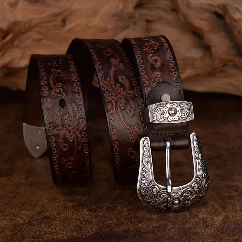 Cintura in pelle da uomo in stile western - Fibbia incisa, classico stile cowboy