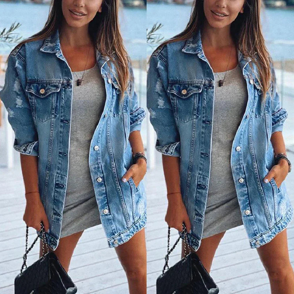 Giacca in denim oversize blu elegante da donna – Capispalla casual vintage