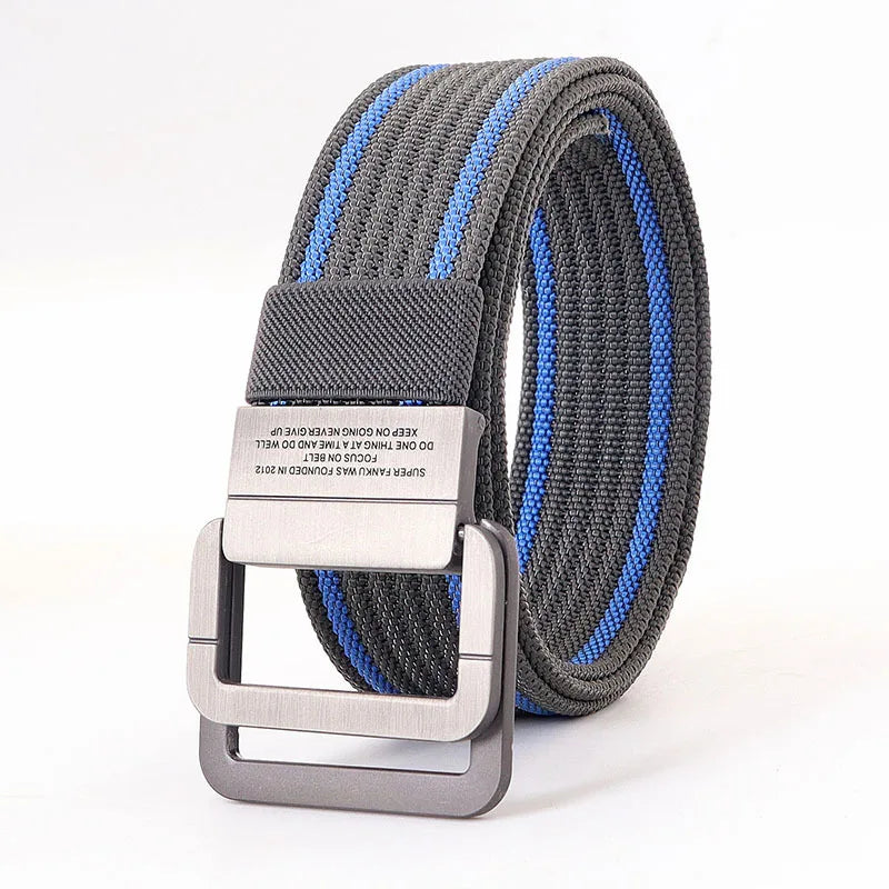 Cintura unisex in tela con fibbia a doppio anello in metallo - Cintura casual a righe