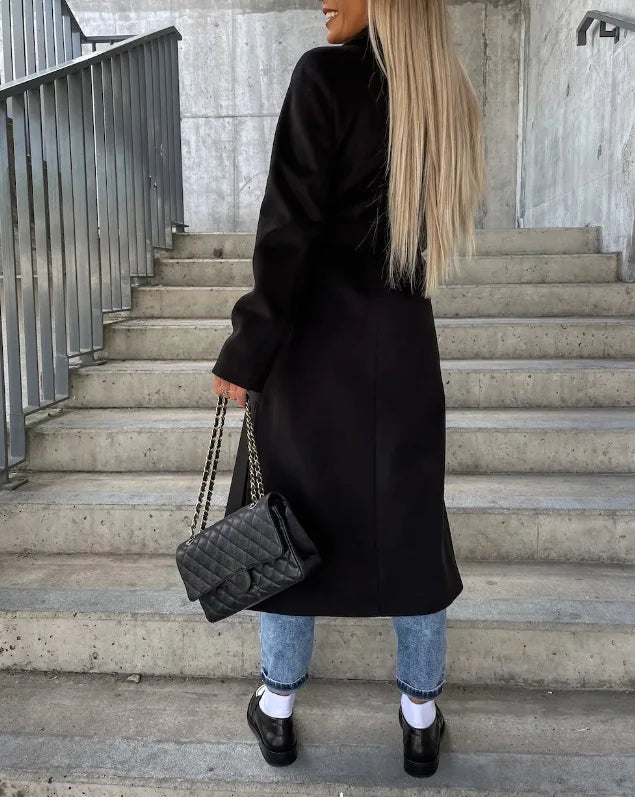 Cappotto lungo doppiopetto elegante e caldo da donna con cintura | Look classico ideale per autunno/inverno