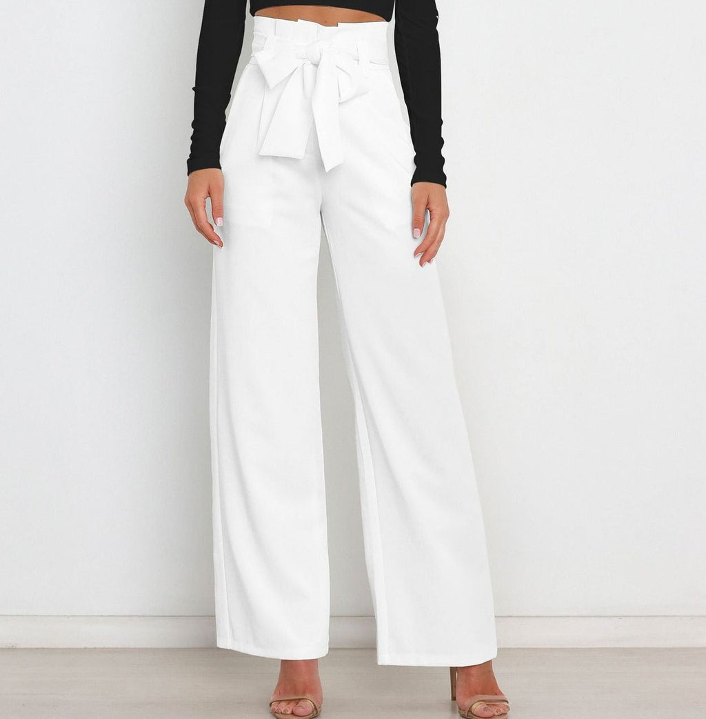 Pantaloni larghi a vita alta da donna con cintura a nastro