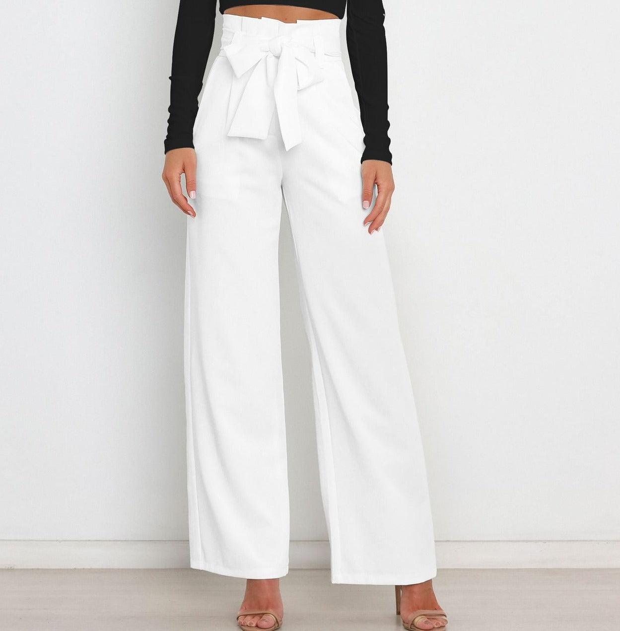 Pantaloni larghi a vita alta da donna con cintura a nastro