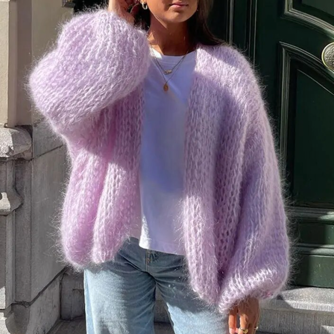 Gilet da donna in morbida lana mohair apertura frontale - Elegante e soffice cappotto invernale viola