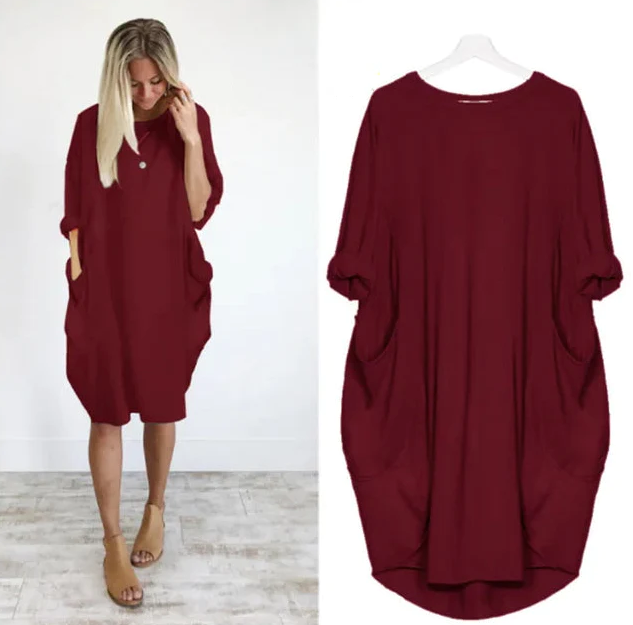 Abito midi oversize in cotone da donna - Casual a maniche lunghe